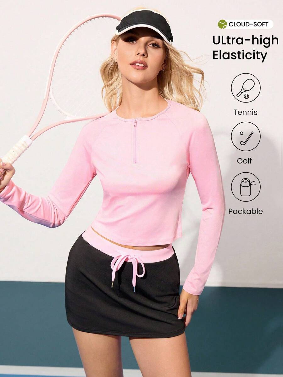 Gameset SHEIN Sport Women's Solid Color Minimalist Casual Zip-Up Long Sleeve Sports T-Shirt - Pink - View 1