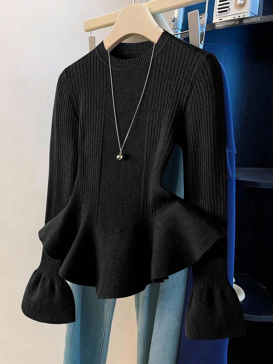 Franclia Áo len peplum tay bèo nhún màu trơn đơn giản thời trang thu đông cho nữ - màu đen - Xem 1