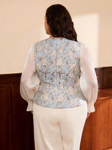 Auvina 大码女式优雅提花拼布透明亮片荷叶边V领长袖复古衬衫 - 藍色 - 查看 2