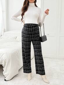 SHEIN Maternity Casual All-Over Print Adjustable Waist Pants, Autumn Maternity Pants Pregnancy Pants Maternity Clothes Pregnancy Clothes Pants Tweed - Black - View 5