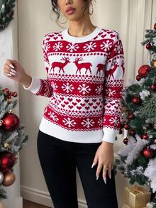 Mujer suéter festivo estilo navideño tejido jacquard diseño creativo ajuste cómodo cuello redondo manga larga invierno fiesta suéter - Rojo y blanco - Ver 2