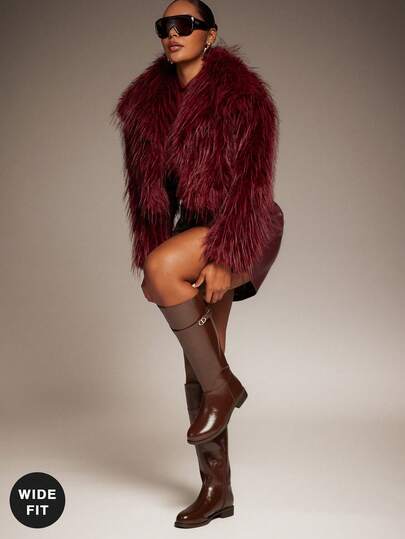 SHUZIA รองเท้าบูทสูงถึงเข่าส้นสูงแบบบล็อกหัวมนใส่สบายมีสไตล์สำหรับผู้หญิงที่มีน่องกว้างพร้อมซิปด้านใน