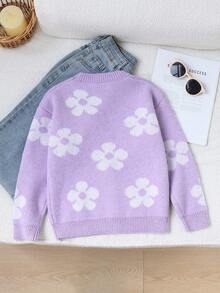 SHEIN 少女花卉图案开衫，秋冬休闲装 - 紫色 - 查看 2