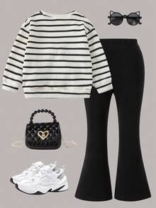 SHEIN 2pcs/Set Young Girls Cute Knitted Bow Decor Round Neck Long Sleeve Top And Red Flared Pants, Spring/Autumn - Black and White - View 2