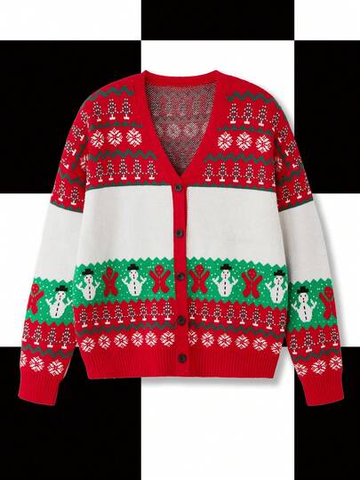 Y2Kool Vecteezy Cárdigan de punto holgado con estilo de calle Y2K con diseños de árbol de Navidad, muñeco de nieve y hombre de jengibre en colores variados, adecuado para fiestas, reuniones y uso diario en otoño/invierno