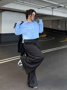 NegzBox Nuevos pantalones culotte de unicolor melocotón de cintura alta, estilo elegante adecuado para uso diario y laboral, temporada de graduación, festival de música, carreras de derby, Día de la Independencia - Negro - Ver 4