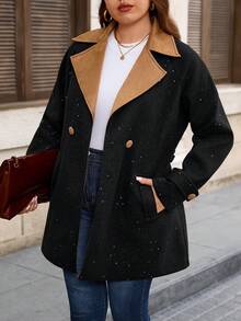 SHEIN Áo khoác dài vừa phải có túi xéo màu bạc tương phản thường ngày dành cho nữ cỡ lớn - màu đen - Xem 4