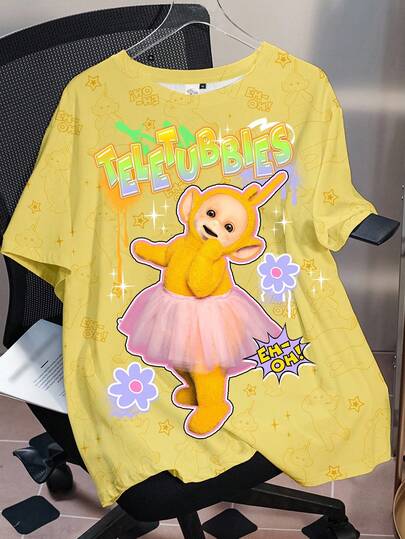 Teletubbies X SHEIN Camiseta de manga corta con cuello redondo y estampado DIPSY en talla grande, color amarillo