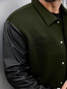 Manfinity LEGND Plus Size Men's Contrast Color Patchwork Front Button Baseball Long Sleeve Jacket - Army Green - View 6