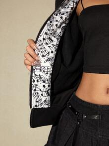 ROMWE Grunge Punk American Music Note & Electric Guitar Print Pullover Sweatshirt For Women - Black - View 4