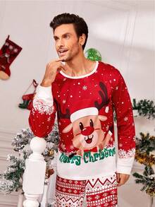 SHEIN 2pcs Men's Red & White Christmas Reindeer Fairisle Pajama Set, Comfortable Homewear Suit, Family Matching, Fall Winter Clothes Family Christmas Matching Pajamas Set - Red and White - View 8