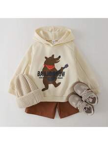 THE HAPPY LOOK Young Boys Bear Print Hoodie Sweatshirt And Elastic Waist Loose Shorts Set, Cute Style, Casual, Suitable For Spring And Winter - Beige - View 3