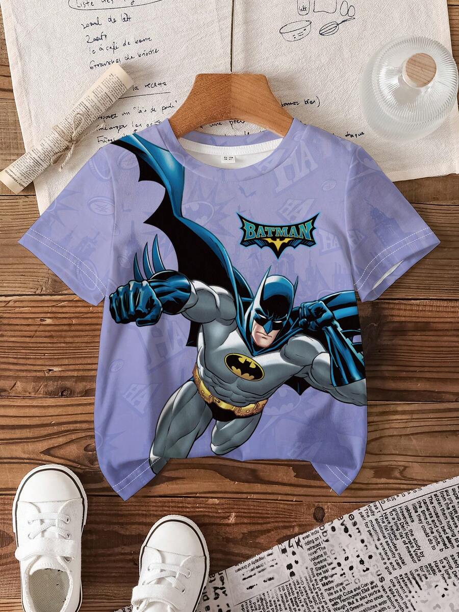 BATMAN X SHEIN 男童夏季休闲字母与卡通人物图案圆领短袖T恤
