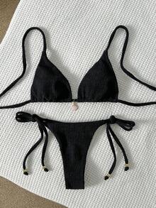 Swim Mod 女士提花面料吊带金属装饰性感比基尼套装，夏季 - 黑色 - 查看 3