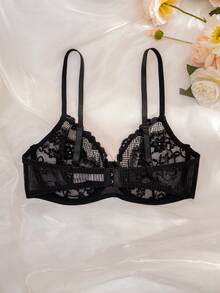 女士蕾丝蝴蝶结钢圈薄杯舒适文胸 - 黑色 - 查看 7
