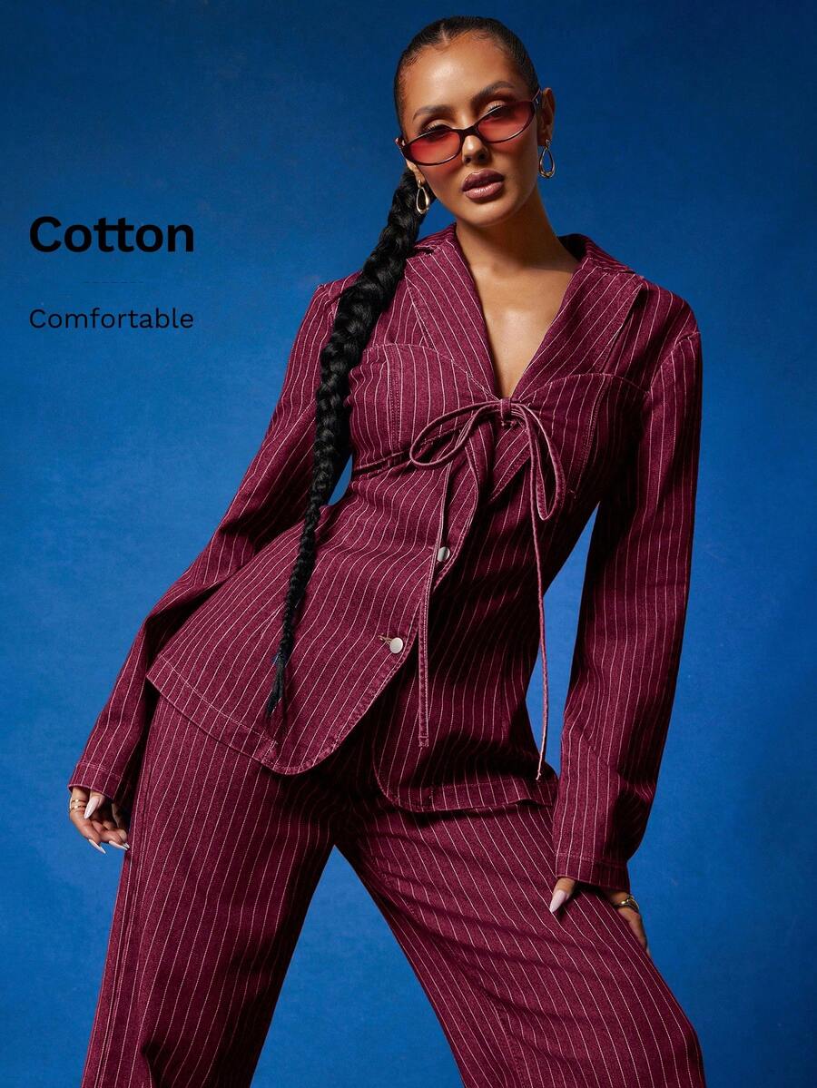 NYA SZN Áo khoác và quần denim kẻ sọc Petra dành cho nữ, áo blazer cổ chữ V khoét sâu, cài cúc, thắt nơ, dáng ôm, ống đứng, cạp cao, trang phục công sở, trang phục thường ngày, trang phục giáo viên, trang phục mùa thu, trang phục lễ hội, ngày Quốc khánh dành cho nữ. - Màu Đỏ Sâu - Xem 1