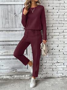 SHEIN PETITE 2 件套女式长袖运动衫和裤子套装，运动衫上衣配抽绳连帽衫，松紧腰裤