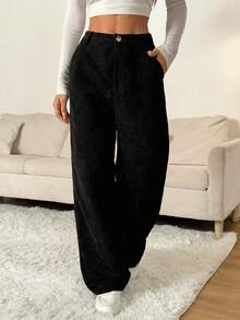 SHEIN PETITE Quần nhung kẻ họa tiết cổ điển thời trang đường phố thu đông cho nữ - màu đen - Xem 7