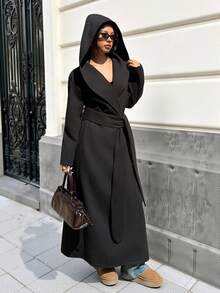 SHEIN EZwear Women's Thanksgiving, Fashionable Black Hooded Waist Tie Overcoat, Women's Halloween Costume - Black - View 4