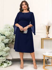 Reflora Váy hè thanh lịch cổ tròn tay lửng cỡ lớn, thắt eo - Màu xanh hải quân - Xem 5