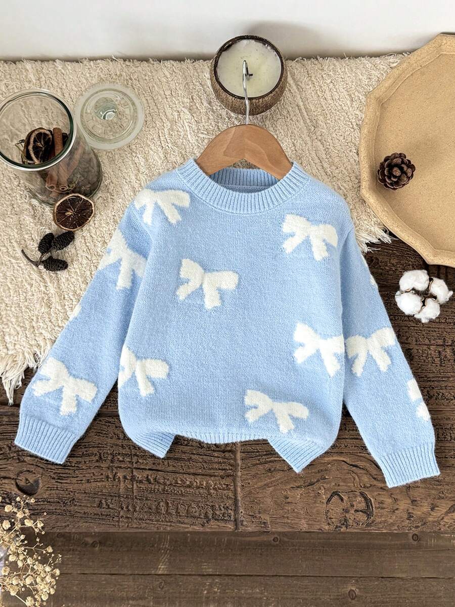 LMoss Kids 年轻女孩休闲圆领蝴蝶结装饰毛衣