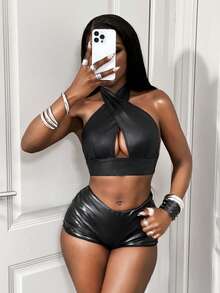 BamGleam Women's Sexy Halter Neck Hollow Out Wireless Bra Top, Faux Leather Coated - Black - View 5