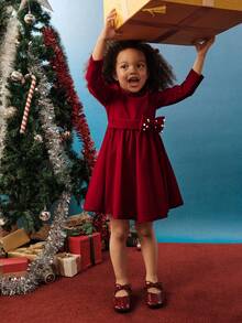 Maija Kids Young Girl Burgundy Bow Beaded Round Neck Long Sleeve Elegant Dress - Burgundy - View 3