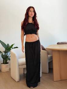 Abrilcols 低腰抽绳飘逸长裙海滩罩衫度假春夏优雅性感伊比沙岛适合春夏波西米亚风黑色 - 黑色 - 查看 1