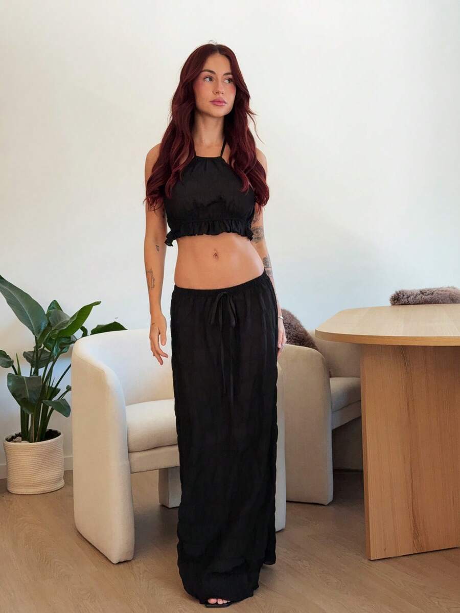 Abrilcols 低腰抽绳飘逸长裙海滩罩衫度假春夏优雅性感伊比沙岛适合春夏波西米亚风黑色 - 黑色 - 查看 1