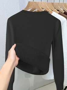 Franclia 女士休闲纯色V领长袖套头毛衣，带保暖内衬，秋冬季 - 黑色 - 查看 2