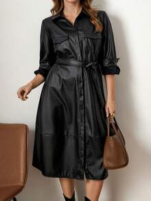 Zelara Christmas Plus Size Solid Color PU Leather Waist Tie Elegant Long Sleeve Dress  Black Dress Black Dresses For Women  Elegant Dress Women Elegant Dresses For Women New Year Look Clothes For New Year New Year Clothes Winter Dress Women Maija Fall Winter 2025 Women Maija 2025 Winter Clothes For Women Women's Winter Coat Black Dresses For Women Black Dress Winter Dresses For Women