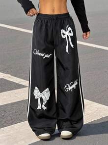 SHEIN PETITE Grunge Goth Summer Sweatpants Woven Floral Print Wide Leg Pants Y2k - Black - View 3