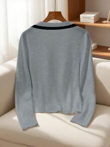 Franclia New Autumn Slim Fit V-Neck Contrast Color Elegant Cardigan For Women - Grey - View 2