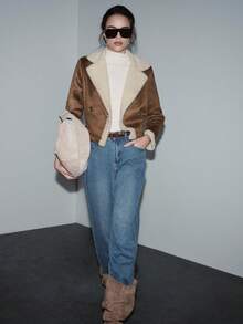 SHEIN Luminelle 秋冬短款人造毛皮外套，鹿皮绒，双排扣腰部设计，带纽扣的肩带 - 彩色 - 查看 5