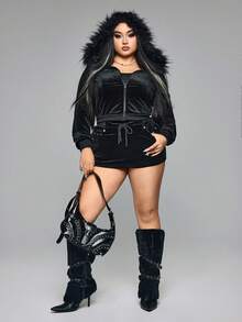 ROMWE Grunge Punk Y2K Harajuku Stil Samt Mini Bodycon Taille Geschnürter Kapuzen Crop Top & Rock 2-teiliges Set, Schwarz, Große Größen - Schwarz - Übersicht 1