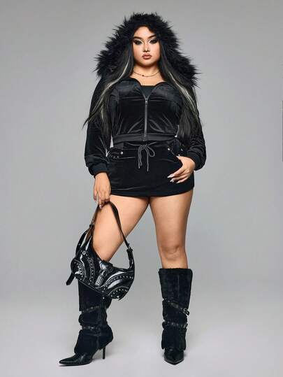 Grunge Punk مجموعة قطعتين من الكروب توب والتنورة المصنوعة من القطيفة بطراز هاراجوكو Y2K، ذات الخصر المشدود والقبعة، باللون الأسود، مقاس كبير