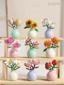 1pc/846pcs Artificial Everlasting Flowers Succulent Plants Handmade Flower Bouquets DIY Lily/Chrysanthemum/Rose/Hibiscus/Peony/Sunflower/Tulip/Gardenia 3D Puzzle Assembly Building Blocks Model Home Decor Desktop Ornaments, Mother's Day/Birthday Gift - Multicolor - View 1