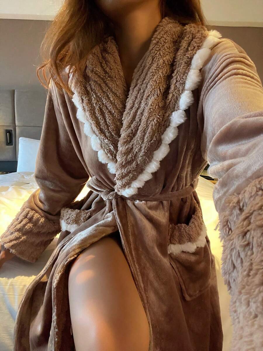 DAZY Women's Textured Fleece Thick Long Fluffy Cozy Robe With Contrast Color Oversized Collar, Winter - Brown - View 1