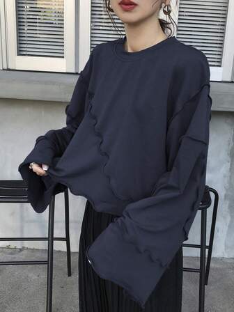 FRIFUL Women's Loose Cropped Sweatshirt With Ruffle Hem, Grey, Spring