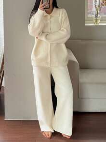 DAZY Women's Solid Color Knitted Loose Fit Pajama Set, Autumn/Winter - White - View 9