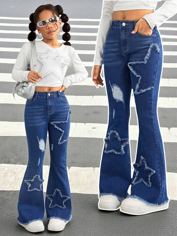 Jeans acampanados de mezclilla desgastada con estampado de corazón y estrella para niñas preadolescentes, pantalones acampanados de mezclilla con estrellas, ropa de otoño para niñas preadolescentes de vuelta al colegio, ropa de otoño e invierno para niñas, conjuntos de ropa de calle de vuelta al colegio y homecoming, conjunto de chica Y2K, ropa linda para niñas, conjunto de chica de los 90, ropa mona