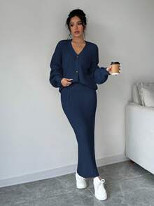 Elenzga Women's Solid Color Minimalist Long Sleeve Top And Skirt 2 Pieces Set - Royal Blue - View 4