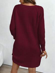 SHEIN LUNE V-Neck Raglan Sleeve Half-Placket Knit Casual Loose Sweater Dress - Burgundy - View 2