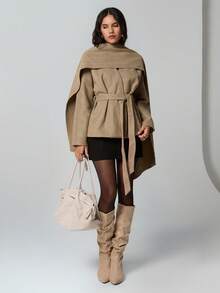 TRNVIE 一件卡其色围巾披肩V领宽松直筒袖外套，休闲、通勤、休闲、时尚女装，冬季 - 卡其色 - 查看 6