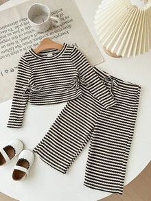 Babygirl 条纹长袖 T 恤和松紧腰裤套装，百搭秋冬 - 彩色 - 查看 5
