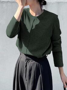 FRIFUL 女式纯色卡其色圆领长袖宽松休闲百搭 T 恤，秋季