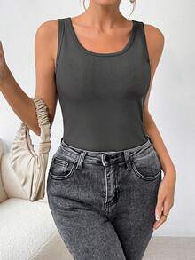 SHEIN LUNE Women's Casual Ribbed Knit Thermal Lined Slim Fit Tank Top, Versatile Solid Color For Daily Commute, Autumn/Winter - Dark Grey - View 6