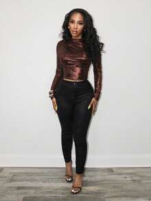 BamGleam Women's Fashion Stand Collar Fitted Cropped T-Shirt - Coffee Brown - View 4