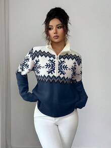 SHEIN Elenzya 优雅女士毛衣，费尔岛图案，拼色拉链毛衣，圣诞图案，秋冬毛衣 - 藍色 - 查看 3