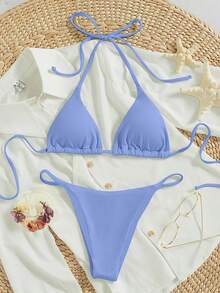 SHEIN Swim 2026 Spring/Summer Women's Vacation Special Fabric Spaghetti Strap Halter Blue Sexy Thong Bikini Two Pieces Swimsuit - Blue - View 2